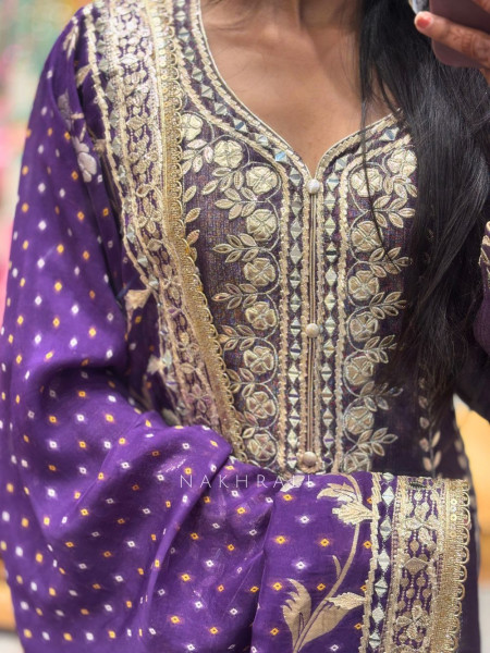 Nooriza Purple Anarkali Set with Mirror Gota Patti and Zari Work