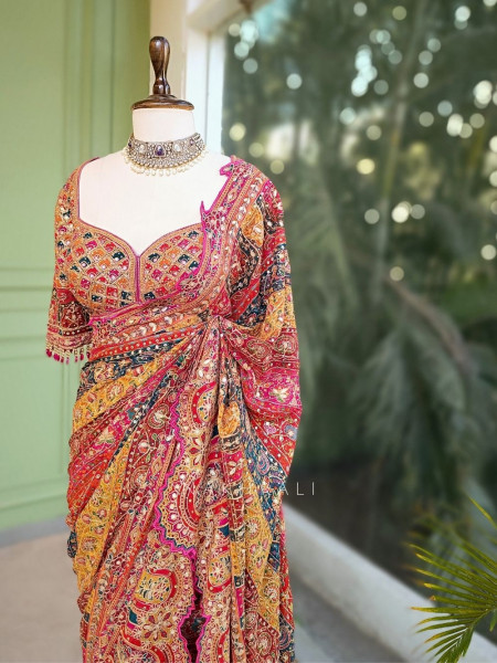 Nakkashi Mustard Bridal Sequin Zari Saree with Ready Blouse