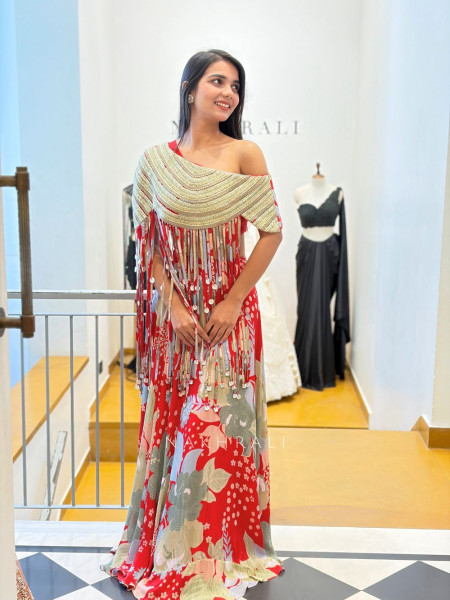 Lahari Red Embellished Crop Top Skirt Set with Cape