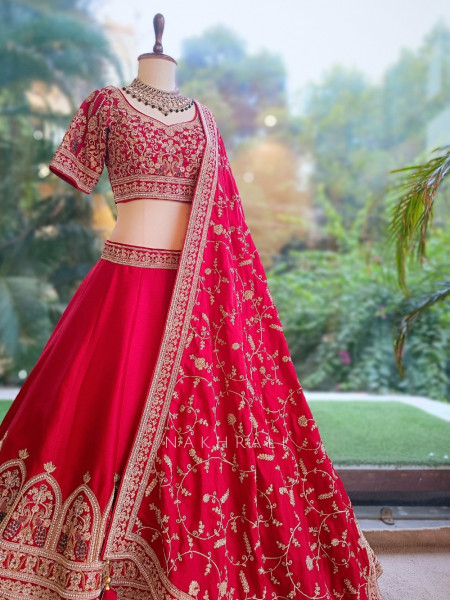 Kritisha Crimson Red Raw Silk, Silk Organza & Tulle Net Bridal Lehenga Set