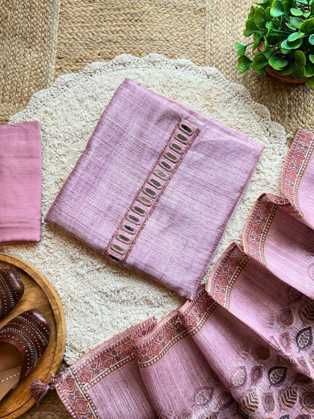 Nayra Pink Mirror Work Dress Material Set with Woven Dupatta
