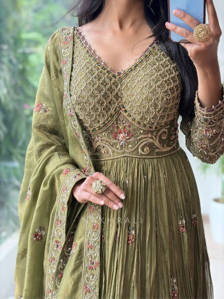 Zeenat Mehndi Green Anarkali Suit Set