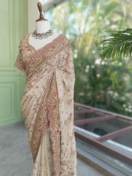 Aroha Cream Embroidered Saree with Stone Work