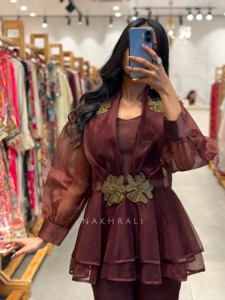 Zarvyn Brown Organza Co-ord Set with Floral Patch Work and Balloon Sleeves