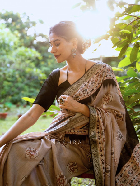 Taruja Beige Silk Saree with Traditional Print