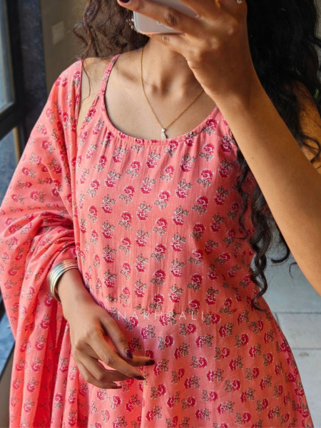 Marina Peach Cotton Suit Set with Floral Print