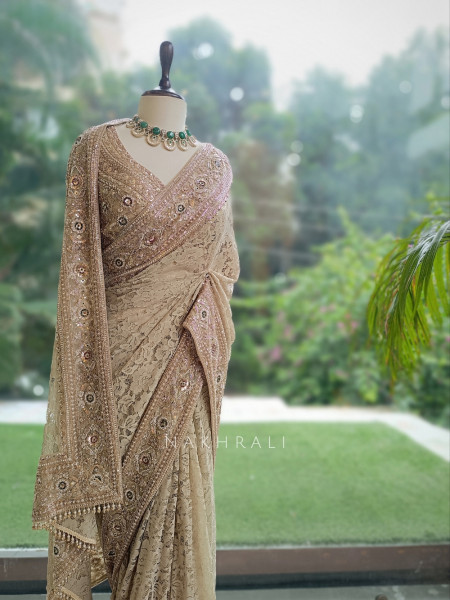 Sereia Beige Chantilly Lace Designer Saree with Readymade Blouse