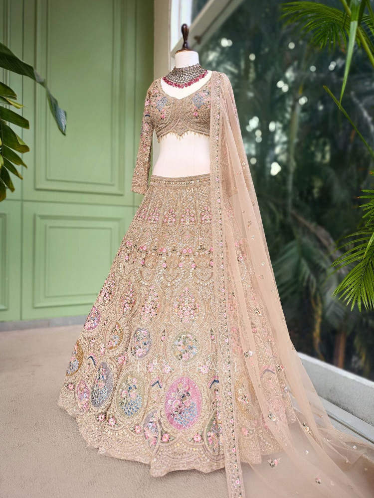 Image of Rukmira Gold Bridal Lehenga with Floral Embroidery