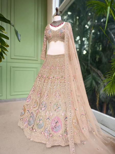 Rukmira Gold Bridal Lehenga with Floral Embroidery