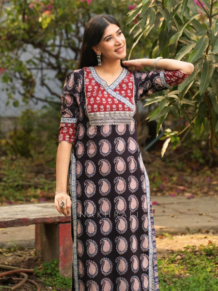 Yasmin Black Cotton Kurta with Sequin Patch Work