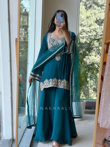 Nazneen Teal Green Fendy Silk Sharara Set