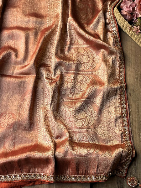 Rivora Brick Zari Woven Saree with Ornate Border Design