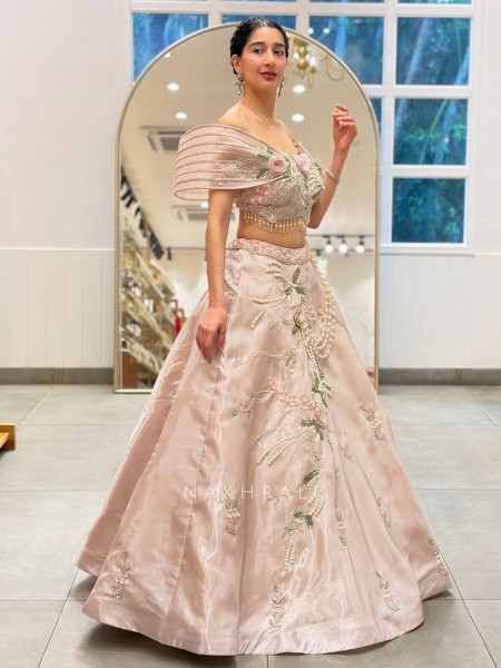 Rosamund Light Pink Tissue Silk Blend Indo Western Lehenga  With 3D Floral Pearl Embroidery