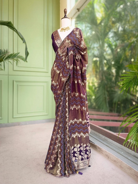 Morvyn Purple Saree with Bandhani Print and Zari Weave
