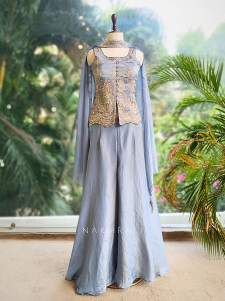 Auralis Grey Indo Western Set with Embroidered Jacket Top and Choker Dupatta