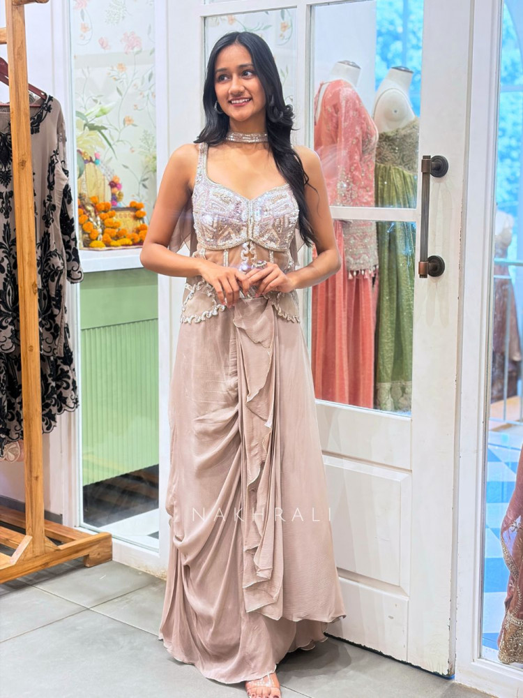 Image of Kymera Beige Indo-Western Drape Skirt Set with Sequin Work