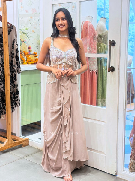 Kymera Beige Indo-Western Drape Skirt Set with Sequin Work