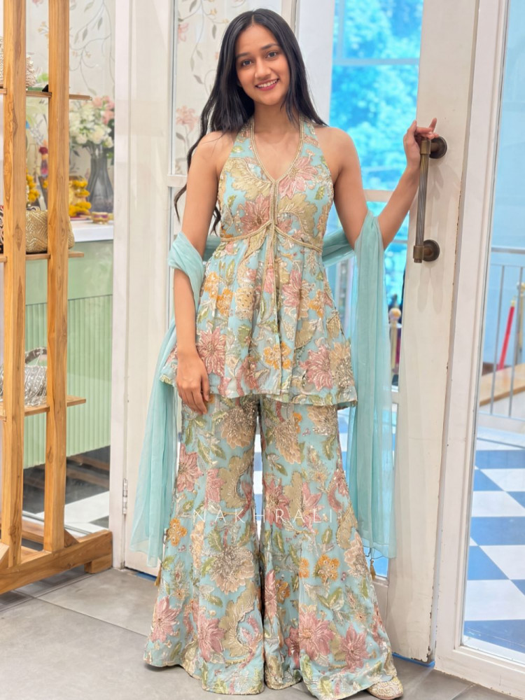 Image of Gul-o-Glow  Sea Green Halter Neck Floral Sharara Suit