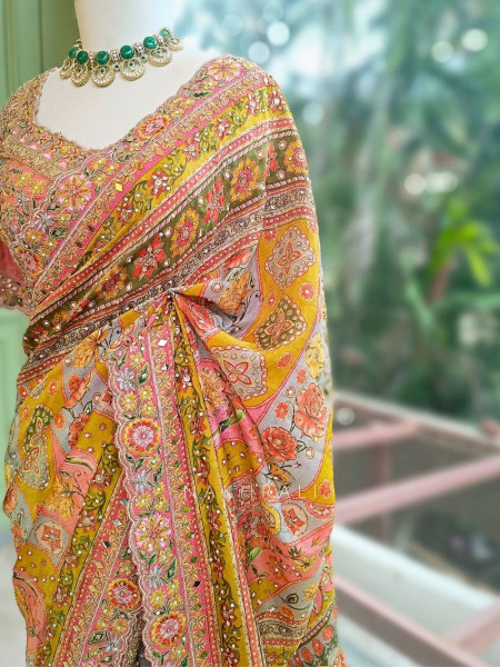 Basant Multicolor Printed Saree with Sequin Embroidery