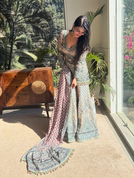 Aarini Beige Gharara Suit Set with Stone Work