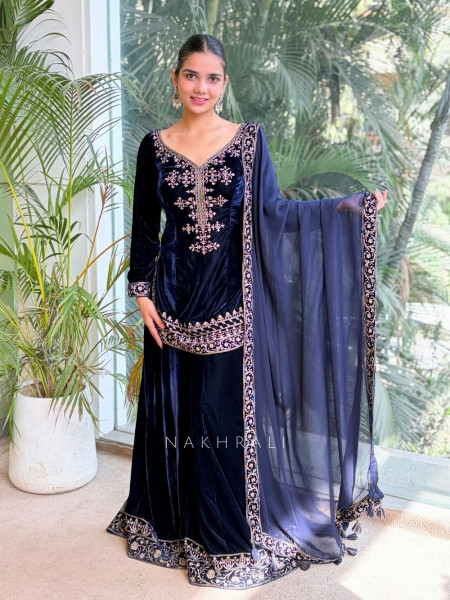 Valencia Navy Blue Velvet Kurta Palazzo Set with Zari Sequin Work