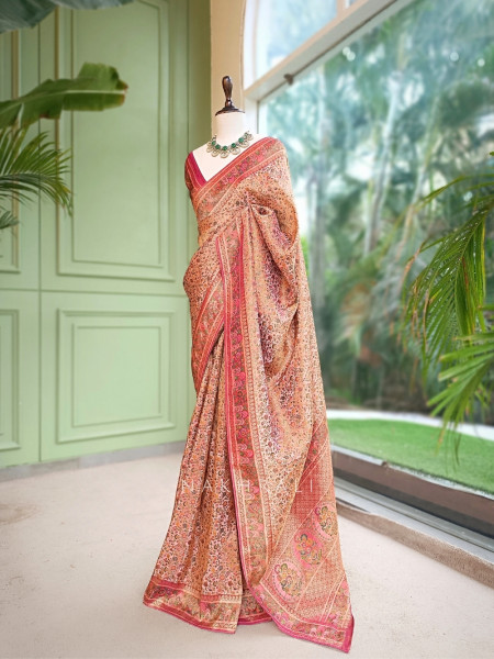 Gulnoor Pink Meenakari Jangla Banarasi Silk Saree