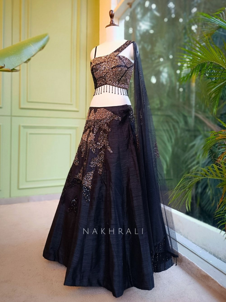 Image of Twilight Dusk Black Sequin Embroidered Crop Top Skirt Set