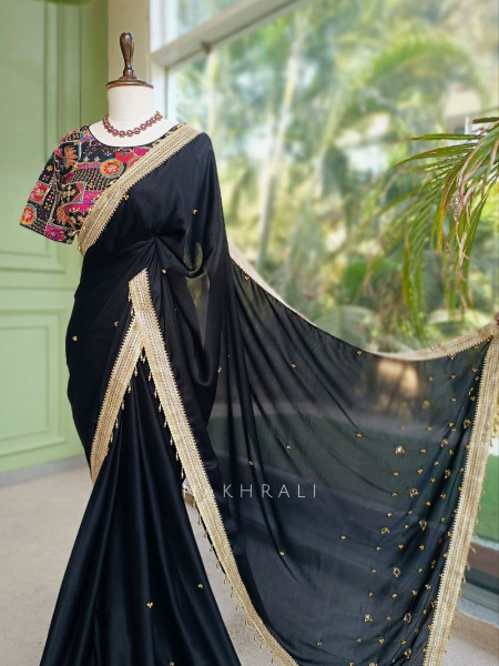 Rati Black Saree with Gota Patti Border & Multicolor Embroidered Readymade Blouse