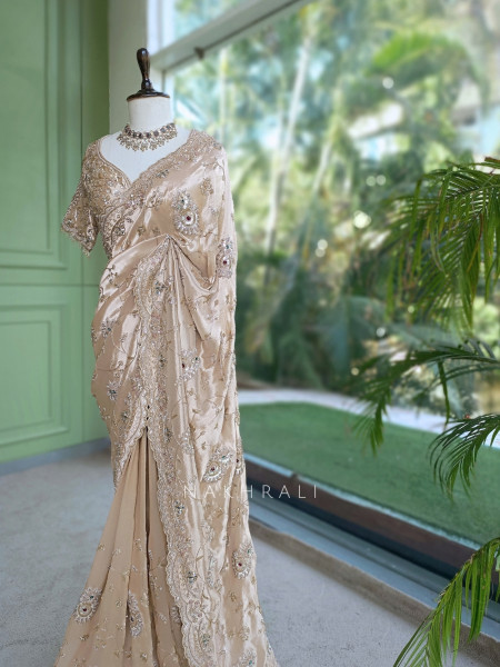 Celestine Beige Crushed Shimmer Silk Tissue & Silk Georgette Blend Saree