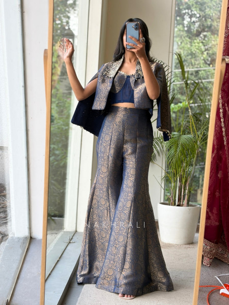 Vesper Blue Metallic Brocade Split-Sleeve Indo-western