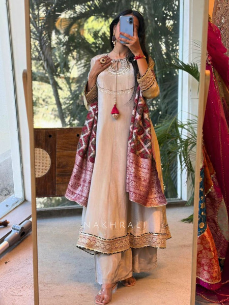 Kiyana Grey Tissue Kurta Palazzo Set with Banarasi Dupatta