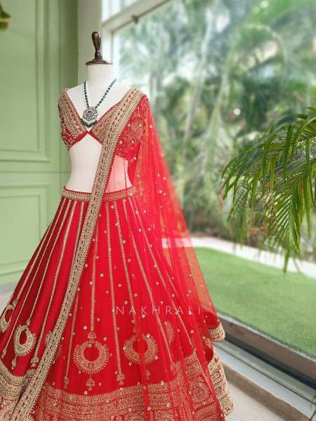 Jharokha Palace Crimson Red Bridal Lehenga