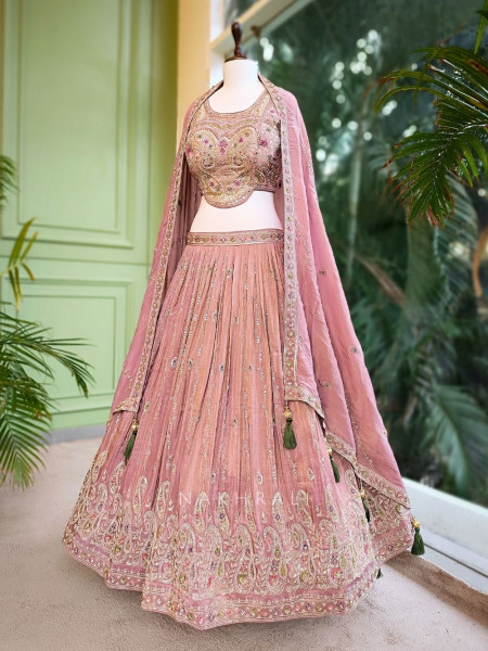 Gulabnari Pink Tissue Silk Lehenga with Heavy Embroidery