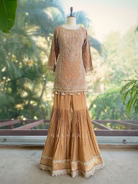 Zaria Beige Festive Gharara Set with Embroidered Kurti