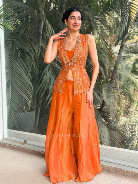 Citrine Ember Orange Crop Top Palazzo Set with Embroidered Jacket
