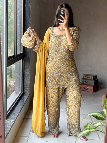 Nayra Mustard Suit Set with Cut Dana & Bead Work