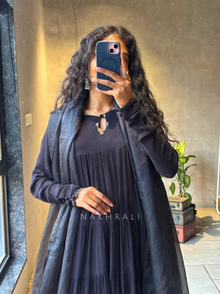 Calira Black Cotton Anarkali Suit Set with Organza Dupatta