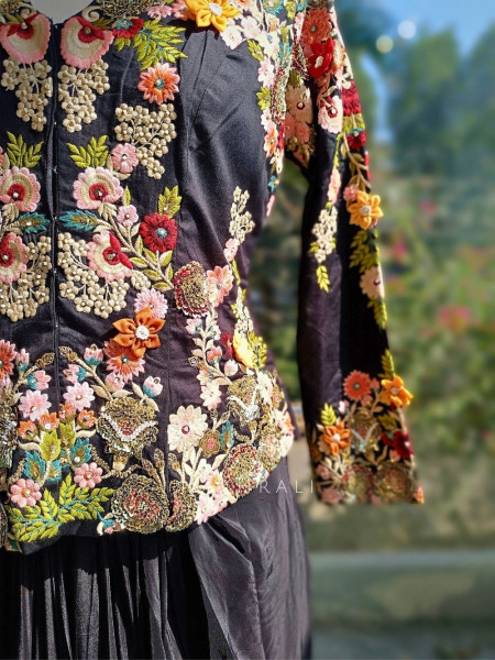 Averra Black Embroidered Jacket Skirt Set