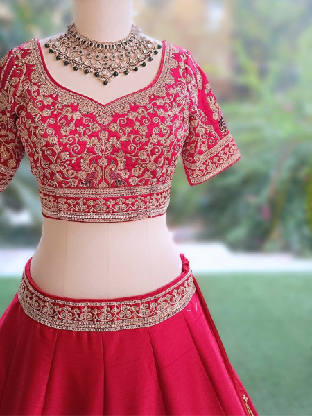 Kritisha Crimson Red Raw Silk, Silk Organza & Tulle Net Bridal Lehenga Set