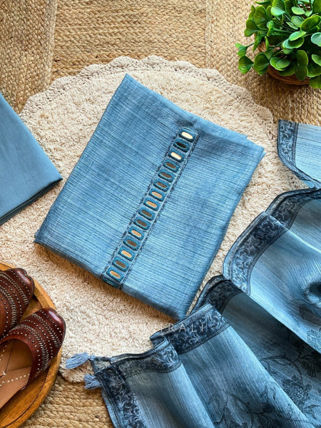 Nayra Blue Mirror Work Dress Material Set with Woven Dupatta