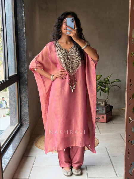 Riyana Pink Kaftan Set with Heavy Embroidered Neckline