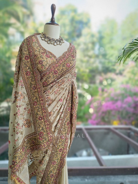 Aroha Cream Embroidered Saree with Stone Work