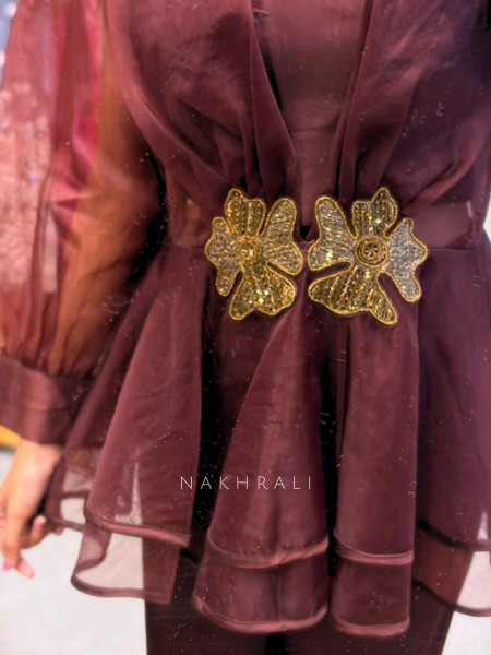 Zarvyn Brown Organza Co-ord Set with Floral Patch Work and Balloon Sleeves