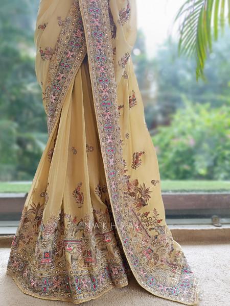 Kanika Golden Georgette Designer Saree with Readymade Blouse