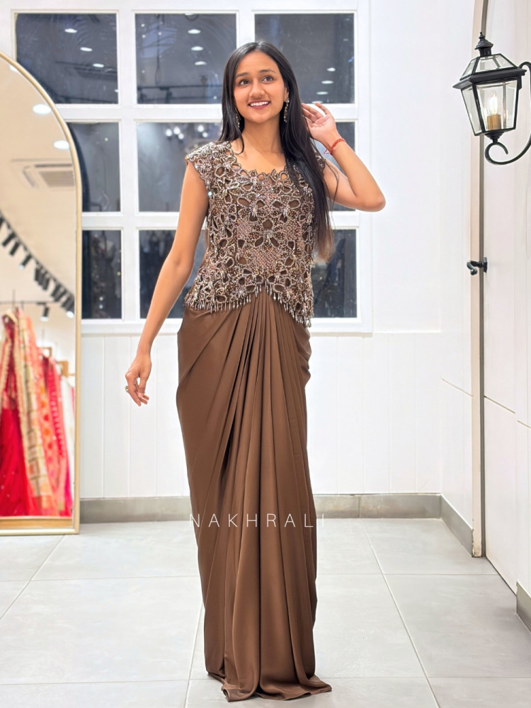 Image of Mezora Brown Lycra Satin Indo-Western Crop Top Skirt Set
