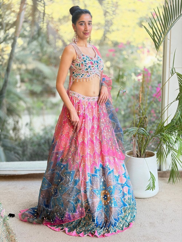 Image of Azmira Blue Pink Floral Lehenga Set with Sequin and Bead Work