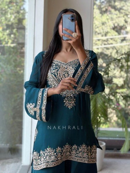 Nazneen Teal Green Fendy Silk Sharara Set