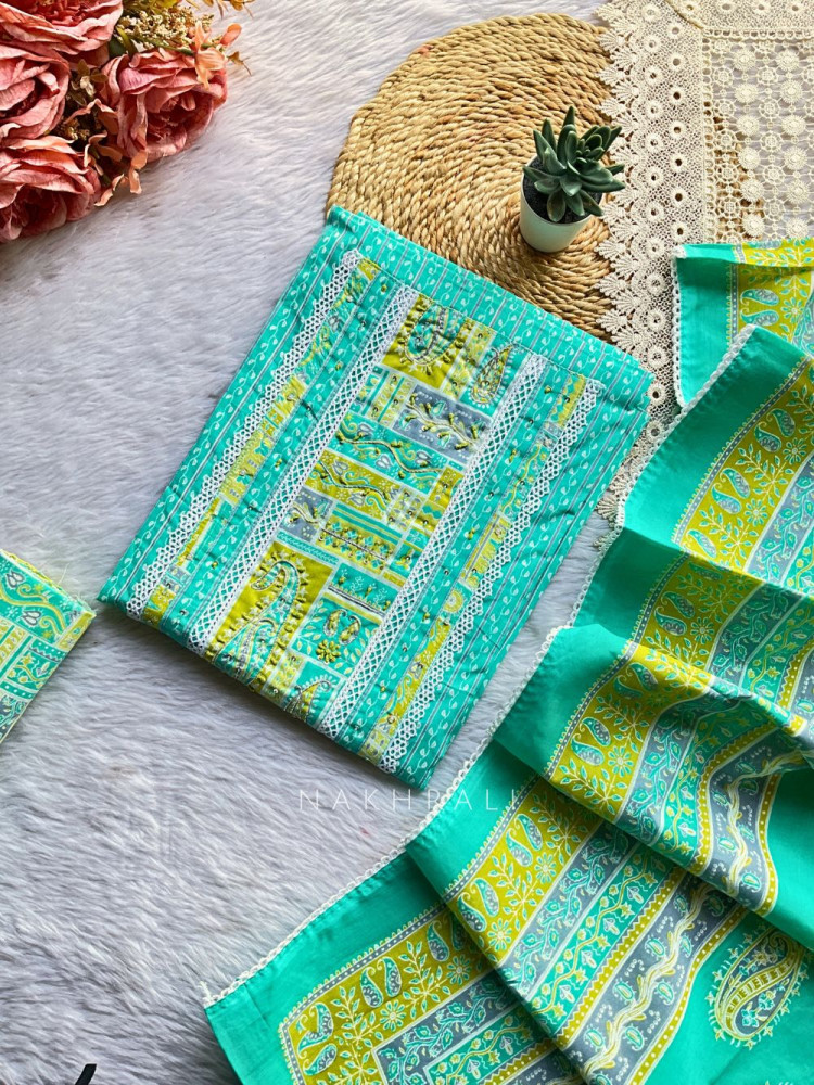 Image of Rivaa Blue Cotton Dress Material with Subtle Sequin Work