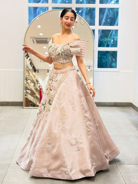 Rosamund Light Pink Tissue Silk Blend Indo Western Lehenga  With 3D Floral Pearl Embroidery