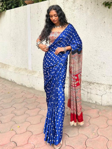 Niyati Blue Modal Saree with Ajrakh Pallu